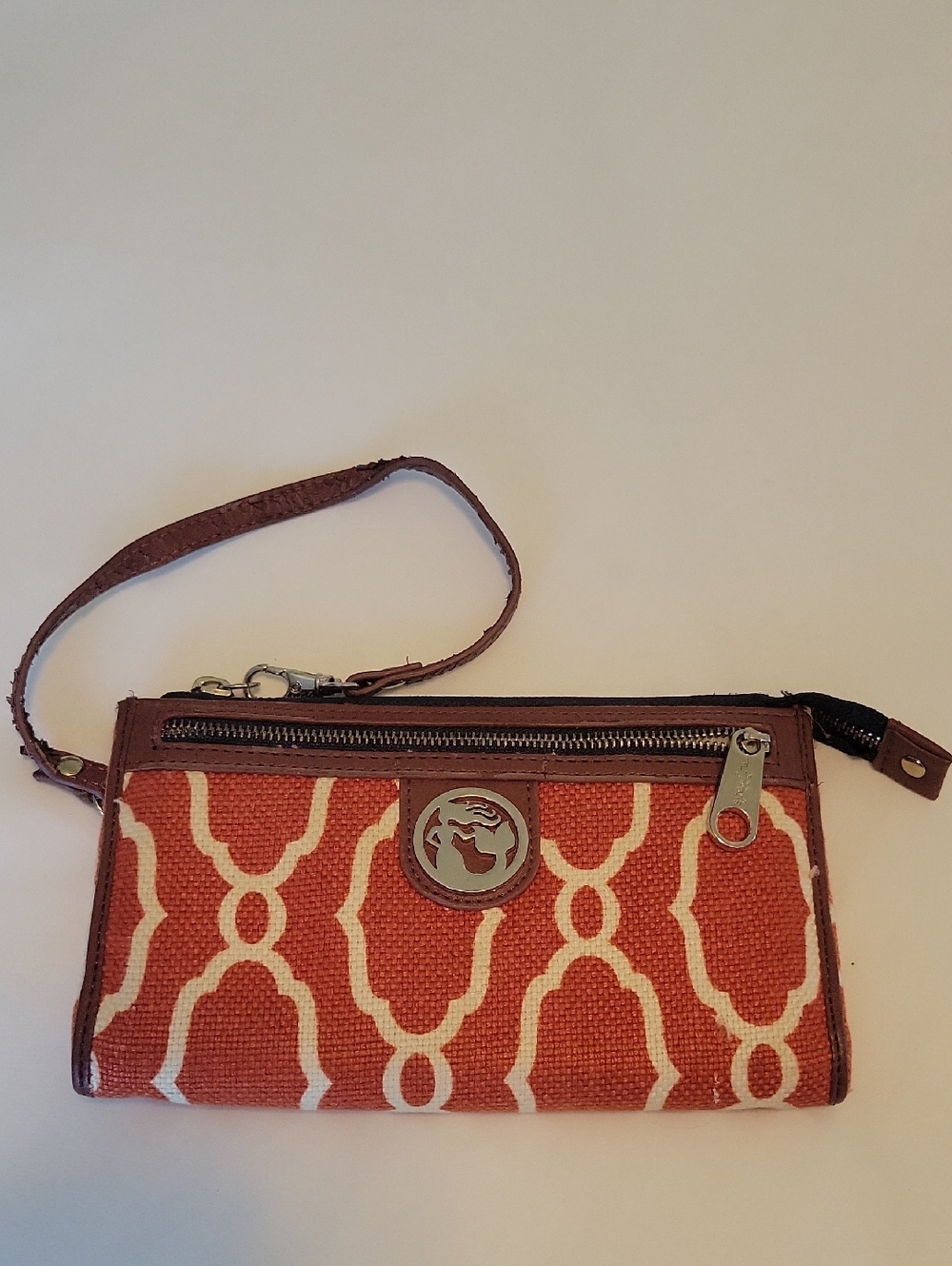 Spatina 449 Linen Wristlet Clutch in Orange and Cream With Gold Hardware
